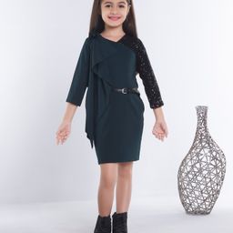 Ministitch Three Fourth Sleeves Sequin Embellished & Ruffle Detailed  Dress With Belt - Green-image-59