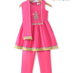 Babyoye  Sleeveless  Embroidered Kurti & Salwar Set with Dupatta - Fuschia-image-1