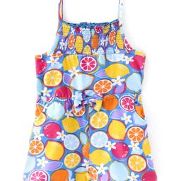 Babyhug Single Jersey Knit Singlet Sleeves Fruity Print Jumpsuit with Bow Applique - Blue-image-81
