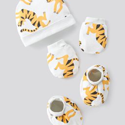 Bonfino Boys 100% Cotton Cap Mittens & Booties Tiger Print White - Diameter 13 cm-19