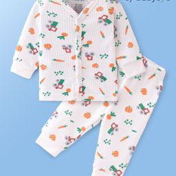 Babyoye Cotton Modal Blend Knit  Full Sleeves Front Open Thermal Vest & Pant With Vehicle Print- White-image-85