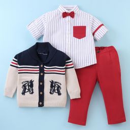 ToffyHouse 100% Cotton Knit Full Sleeves Striped Shirt & Trouser Set with Horse Designed Sweater & Bow - Red-image-67