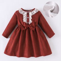 Kookie Kids Full Sleeves Party Frock With Lace Detailing & Bow Applique - Brown-image-25