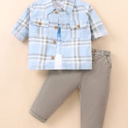 WOW Clothes Sinker Knit Full Sleeves Checkered Shirt & Trouser Set with Lion Printed T-Shirt - Light Blue-image-4