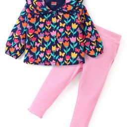 Babyhug Cotton Knit Full Sleeves Floral Printed Top & Leggings Set - Navy & Pink-image-68