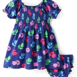 Babyhug Cotton Knit Half Puffed Sleeves Smocking Frock with Bloomer Floral Print - Navy Blue-image-56