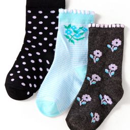 Cute Walk by Babyhug Knit Ankle Length Socks With Floral & Polka Dot Design Pack of 3 - Black & Blue-image-60