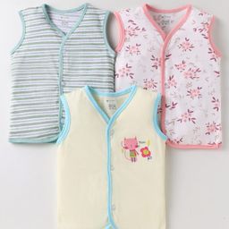 OHMS Single Jersey Knit Sleeveless Jhablas With Stripes & Floral Print Pack Of 3 - Pink Cream & Light Green-image-69