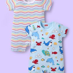 Babyhug 100% Cotton Knit Half Sleeves Rompers with Sea Life Print & Stripes Pack of 2 - White & Light Blue-image-34