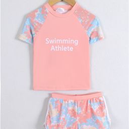 Mark & Mia Half Raglan Sleeves Two Piece Swimsuit with Swimming Athlete Text Print - Pink-image-28