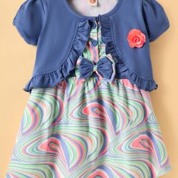 Dew Drops Poplin Woven Frill Sleeves Frock With Marble Print & Bow Applique - Blue & Light Green-image-46