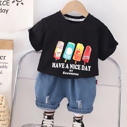Googo Gaaga Cotton Half Sleeves Have A Nice Day Text Printed Tee With Mild Distressed Denim Shorts Set - Black-image-54