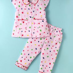 Dew Drops Poplin Knit Half Sleeves Co-Ord Night Suit With Hearts Print - Pink-image-65