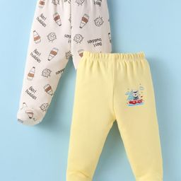 Ben Benny 100% Cotton Knitted Full Length Bootie Leggings with Bear Print Pack of 2 - Cream & Light Yellow-image-63