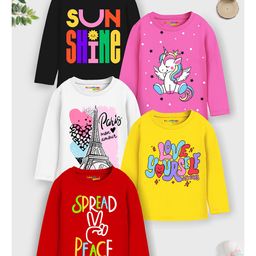 Trampoline Cotton Blend Pack Of 5 Full Sleeves Unicorn & Typography Printed Tees - Multi Colour-image-9