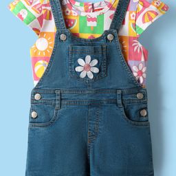Babyhug Single Jersey Knit Dungaree & Cap Sleeves T-Shirt With Tropical Theme Print & Floral Embroidery - Blue-image-86