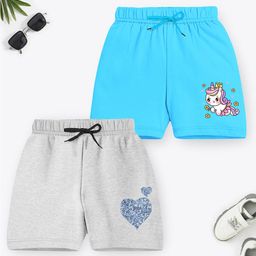 Trampoline Cotton Blend Pack Of 2 Unicorn & Hearts Printed Shorts - Grey & Sky Blue-image-39