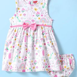 Babyhug Single Jersey Knit Sleeveless Floral & Animal Printed Frock With Bow Applique & Bloomer - White-picture-10