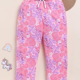 Biskid Pure Cotton Floral & Leaves Printed Pajama - Pink-image-4