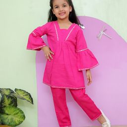 AATYA by Shruti Agarwal Cotton Half Bell Sleeves Mirror Work Embellished Kurta With Pant - Hot Pink-image-63