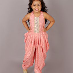Lil' Drama Viscose Sleeveless Floral Foil Printed & Mirror Work Lace Embellished Ethnic Jumpsuit - Peach-picture-15