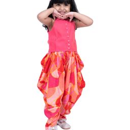 Twisha Chanderi Woven Sleeveless Solid Top & Abstract Printed Dhoti Set - Coral-image-96