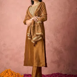 KALINI Women Ethnic Motifs Embroidered Regular Thread Work Kurta with Trousers & With Dupatta image 1