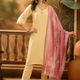 Sangria Floral Yoke Design V-Neck Straight Kurta With Trousers And Dupatta-image-73