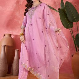 Sangria Floral Embroidered Thread Work Straight Kurta With Trousers & Dupatta-image-38