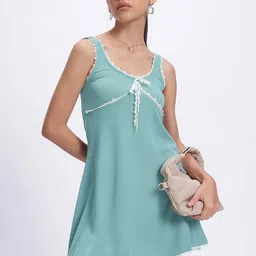 glitchez Lace Luxe Ribbed Scoop Neck Mini Empire Dress-image-86