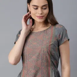 Aure by Aurelia Grey & Brown Printed A Line Kurta image 5