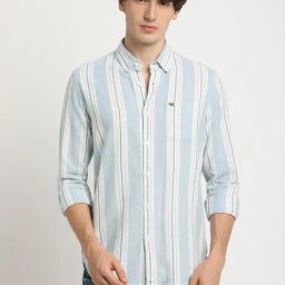 The Bear House Blue Cotton Slim Fit Striped Shirt-image-60