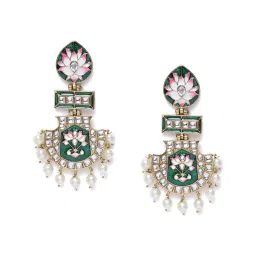 Zaveri Pearls Green & Pink Meenakari Lotus Design Kundan Dangler Earrings-ZPFK10343 image 2