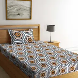 Klotthe Geometric Grey & Orange 210 TC Cotton Blend Single Bedsheet with 1 Pillow Cover-image-20