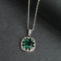 Clara 92.5 Sterling Silver Swiss Zirconia Dark Green Cushion Pendant with Chain-image-72