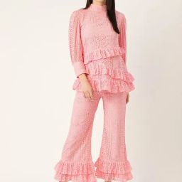 Cottinfab Net Pink Self Design Top With Pants-image-5