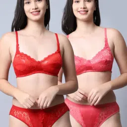 Gracit Red & Pink Self Pattern Bra Panty Set - Pack Of 2-16