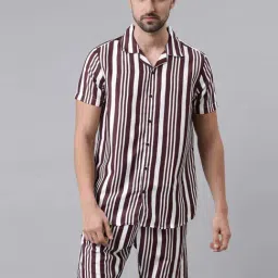 Bushirt Wine Regular Fit Striped Shirt With Shorts Set-image-96
