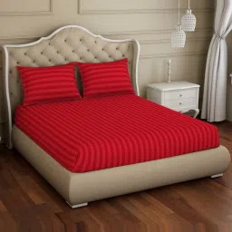 Spaces Red Cotton 210 TC Queen Fitted Bedsheet With Pillow Covers image 2