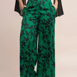 Fablestreet Green Floral Print Relaxed Fit Mid Rise Trousers-image-95