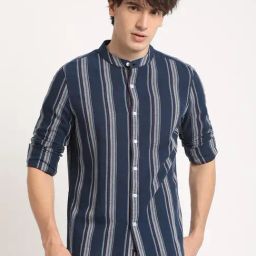 The Bear House Blue Cotton Slim Fit Striped Shirt-image-14