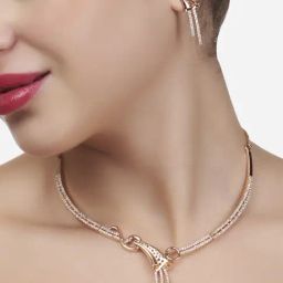 Zaveri Pearls Rose Gold Cubic Zirconia Party Bling Necklace & Earring Set-ZPFK15276-14