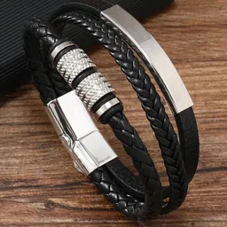 MEENAZ Men Leather Oxidised Silver-Plated Multistrand Bracelet-image-91