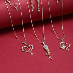 Zeneme Gold Plated CZ Studded Contemporary Pendant Set & Earrings Set of 3-17