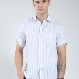 Monte Carlo White Linen Regular Fit Stripes Shirt-image-30