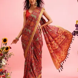 Silk Land Ethnic Motifs Zari Fusion Pochampally Saree-image-35