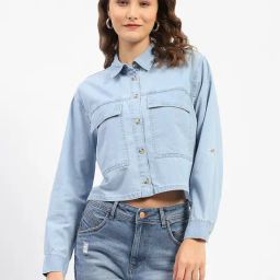 MADAME Light Blue Cotton Denim Crop Shirt-image-58