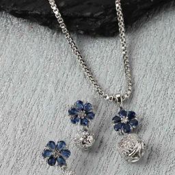 Zeneme Rhodium Plated Blue AD Studded Flower Pendant & Earrings Set-image-48