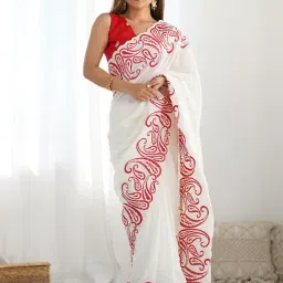 Satrani Ivory Silk Blend Embroidered Saree With Unstitched Blouse-picture-40
