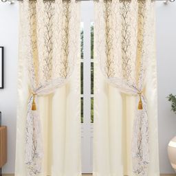 Aura Beige & Brown Embroidered Black Out Window Curtain-9